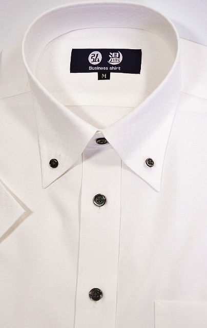 【半袖】形態安定　ボタンダウン　80番双糸　市松模様白ワイシャツ　黒蝶貝ボタン　b178bd