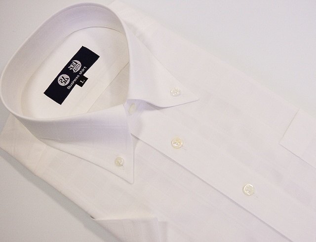 【半袖】形態安定　ボタンダウン　80番双糸　チェック柄白ワイシャツ　高瀬貝ボタン　b179bd
