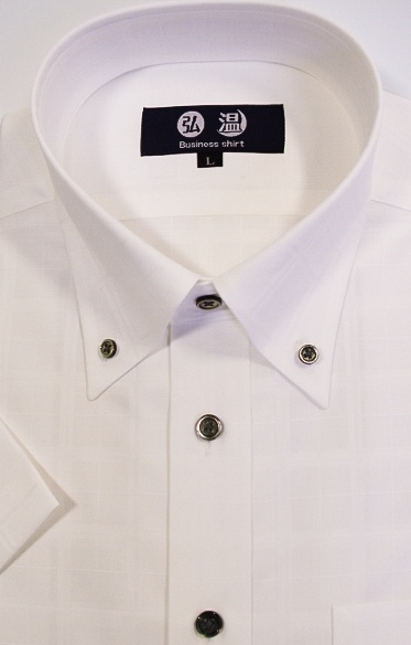【半袖】形態安定　ボタンダウン　80番双糸　チェック柄白ワイシャツ　黒蝶貝ボタン　b180bd