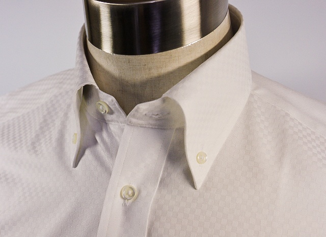 【半袖】形態安定　ボタンダウン　80番双糸　市松模様白ワイシャツ　高瀬貝ボタン　b177bd