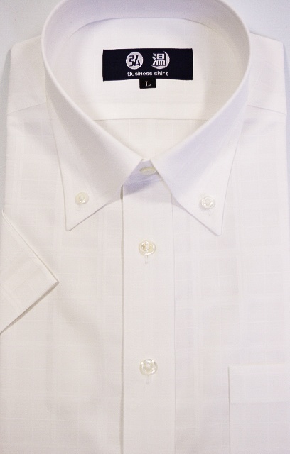 【半袖】形態安定　ボタンダウン　80番双糸　チェック柄白ワイシャツ　高瀬貝ボタン　b179bd