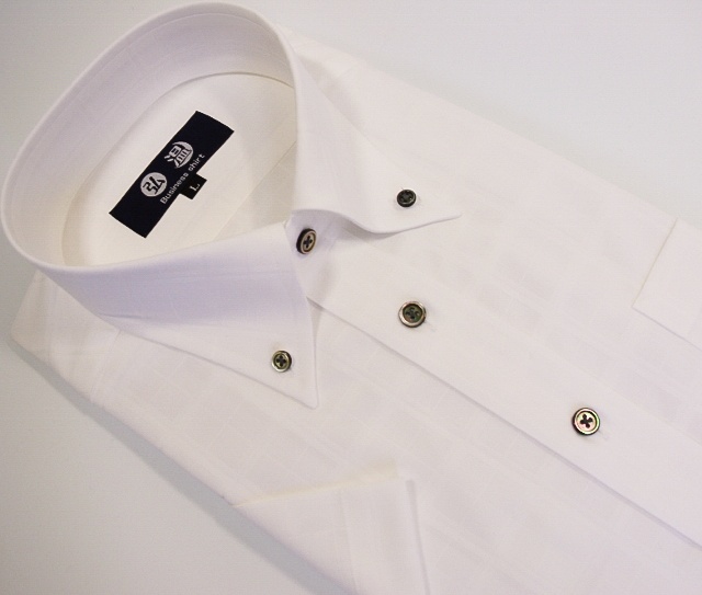 【半袖】形態安定　ボタンダウン　80番双糸　チェック柄白ワイシャツ　黒蝶貝ボタン　b180bd
